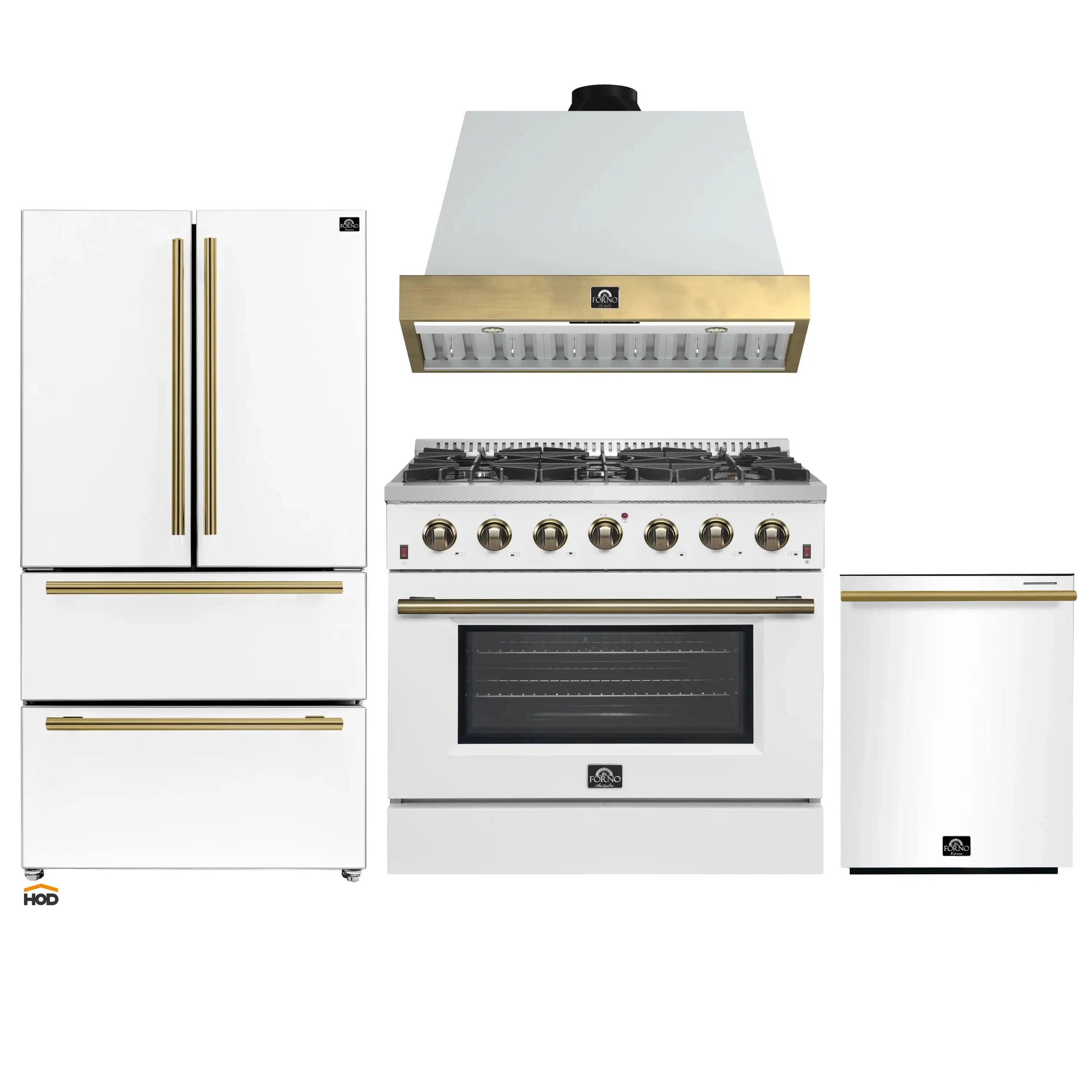 Forno Galiano 4-Piece Appliance Package - 36-Inch Gas Range, 36-Inch Hood, 36-Inch Refrigerator, & 24-Inch Dishwasher in White with Antique Brass Trim