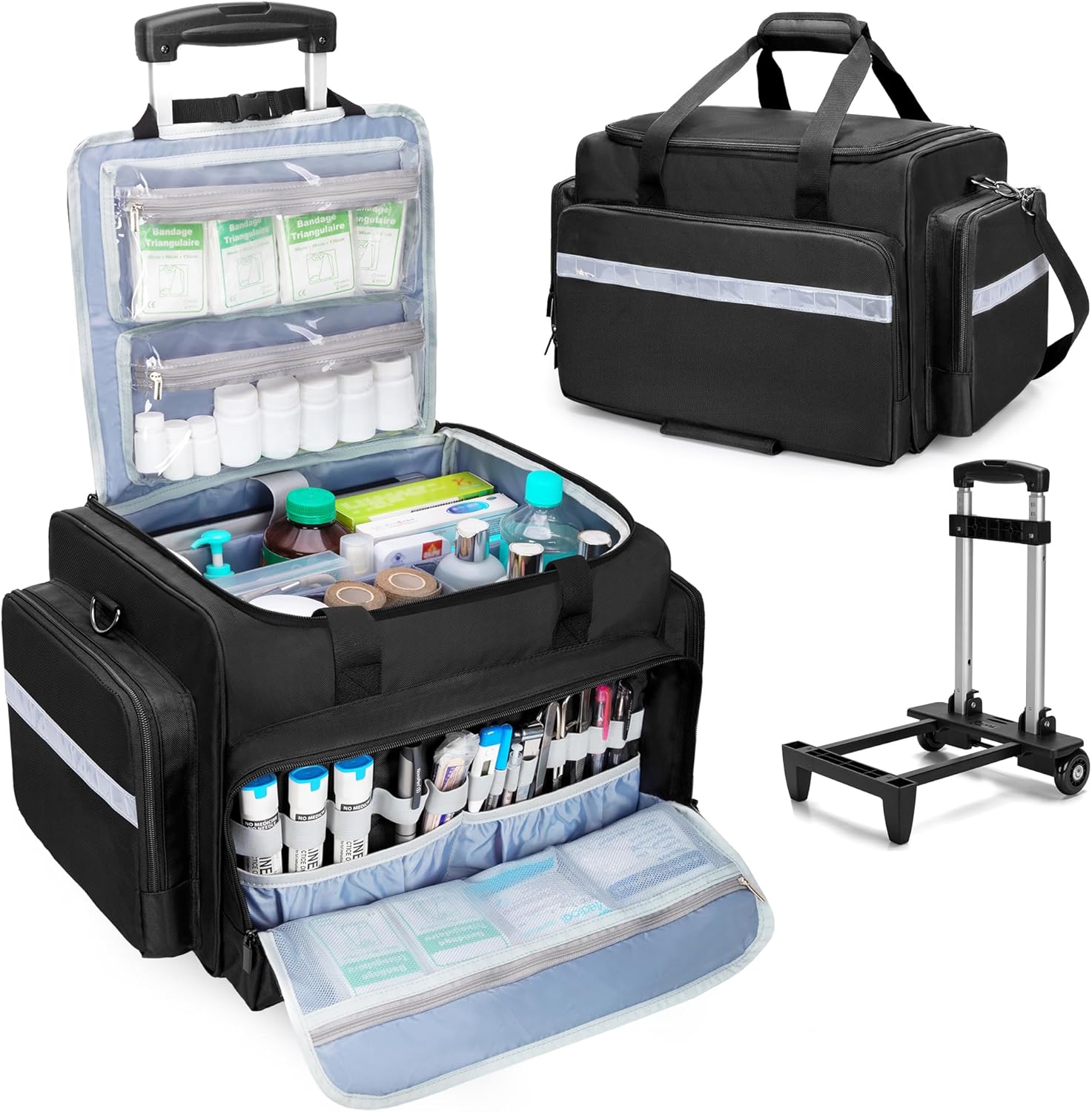 Damero Rolling Medical Bag with Detachable Trolley, Empty Emergency Response Supplies Bag with Removable Dividers, Medical Equipment Storage Bag for Home Health Nurses, Doctors, EMT, EMS, Black