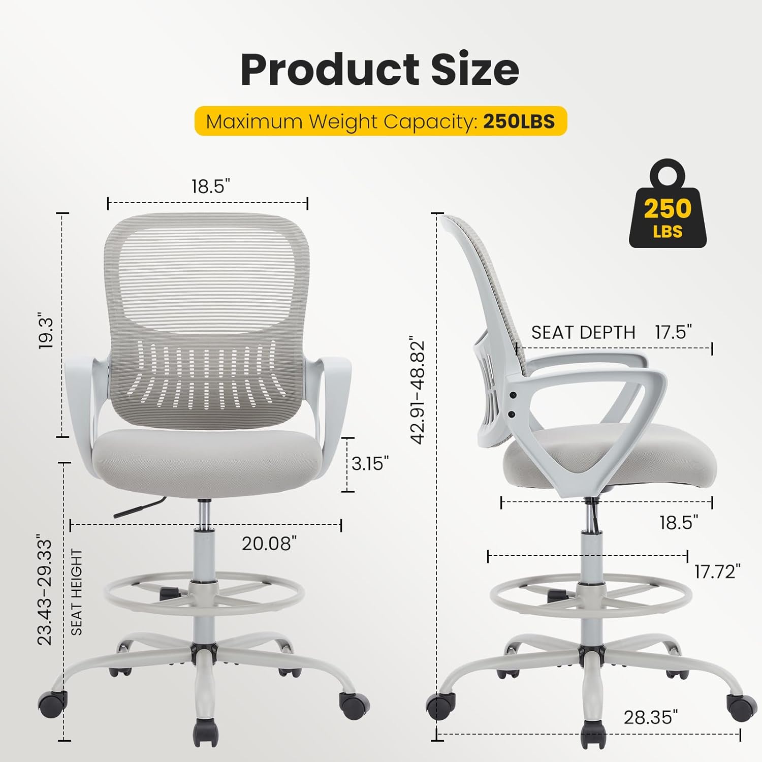 Sweetcrispy Tall Drafting Desk Chair - Ergonomic High Stool Computer with Adjustable Height and Comfy Lumbar Support, Office Rolling Counter with Flixed Arms and Footrest, Grey