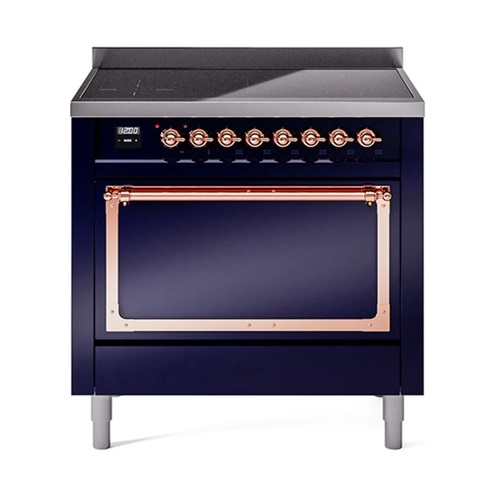 ILVE Nostalgie II Noblesse 36-Inch Induction Range with Solid Door in Midnight Blue with Copper Trim (UNI366QNMPMBP)