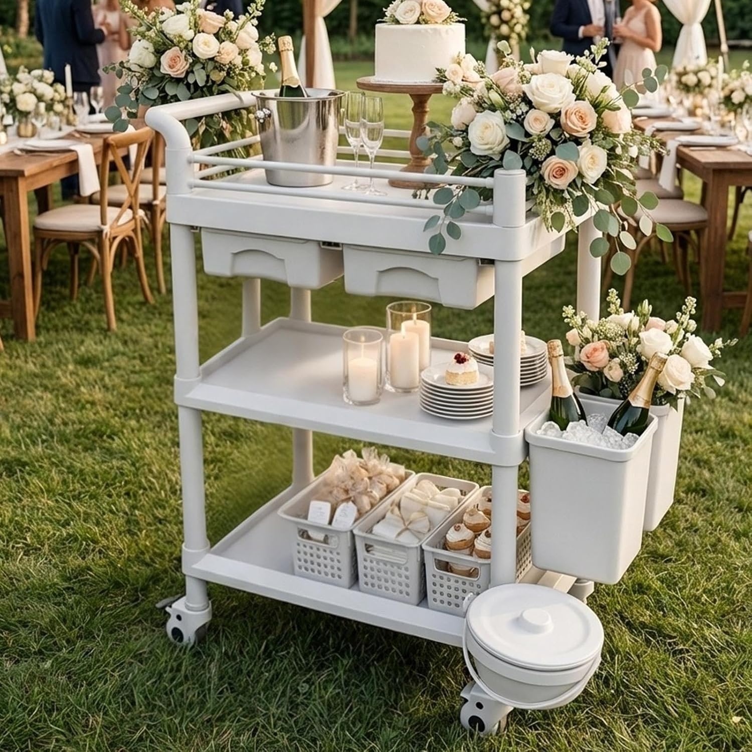 38.35 x 24.80 x 17.32 Medical Utility Cart, 3-Tier Medical Mobile Cart with 3 Trash Cans, Medical Trolley Cart with 2 Drawers, Mobile Medical Cart Suitable for Home, Barber Shop, Hospital.