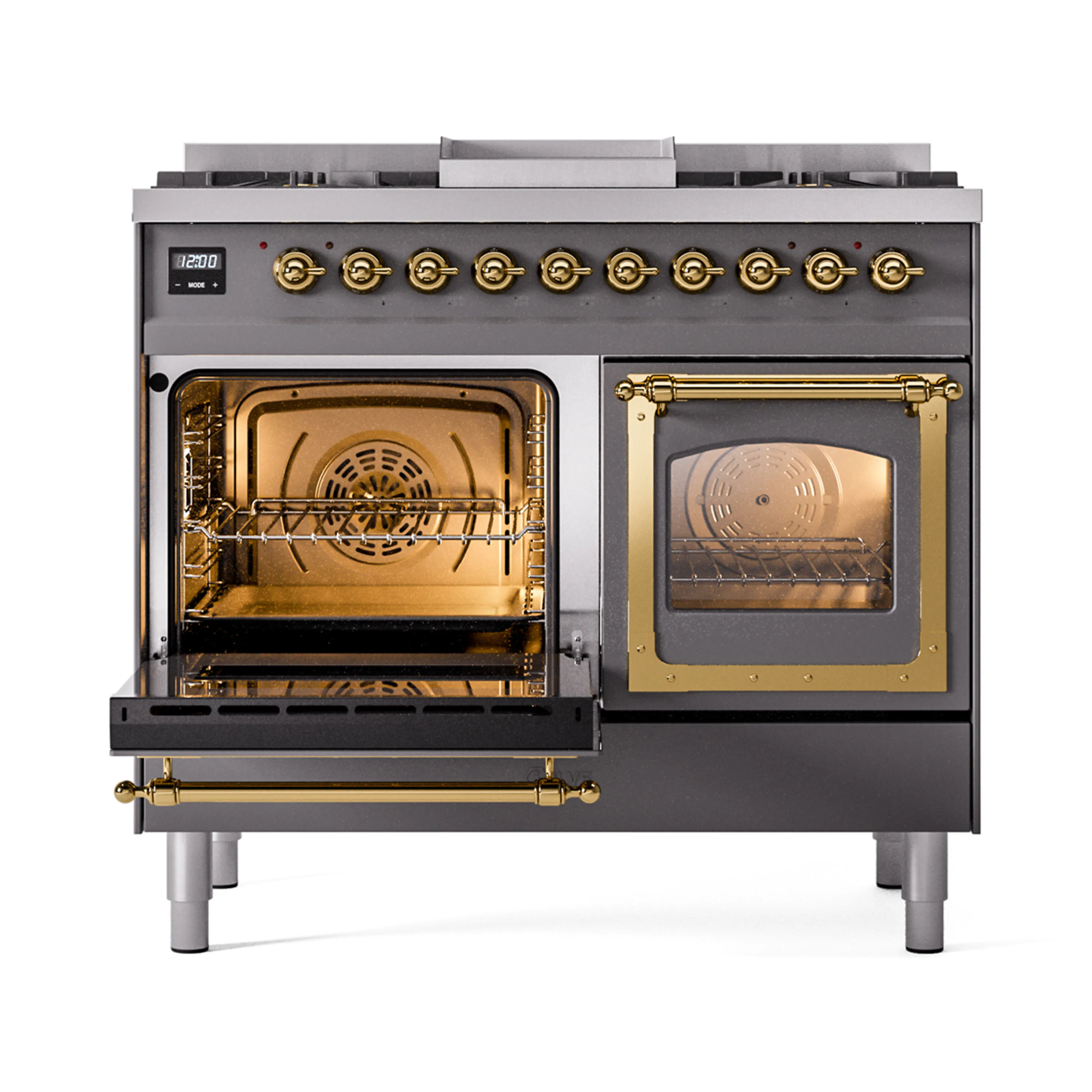 ILVE 40-Inch Nostalgie II Noblesse Dual Fuel Range with Triple Glass Door Oven in Matte Graphite with Brass Trim (UND40FNMPMGG)