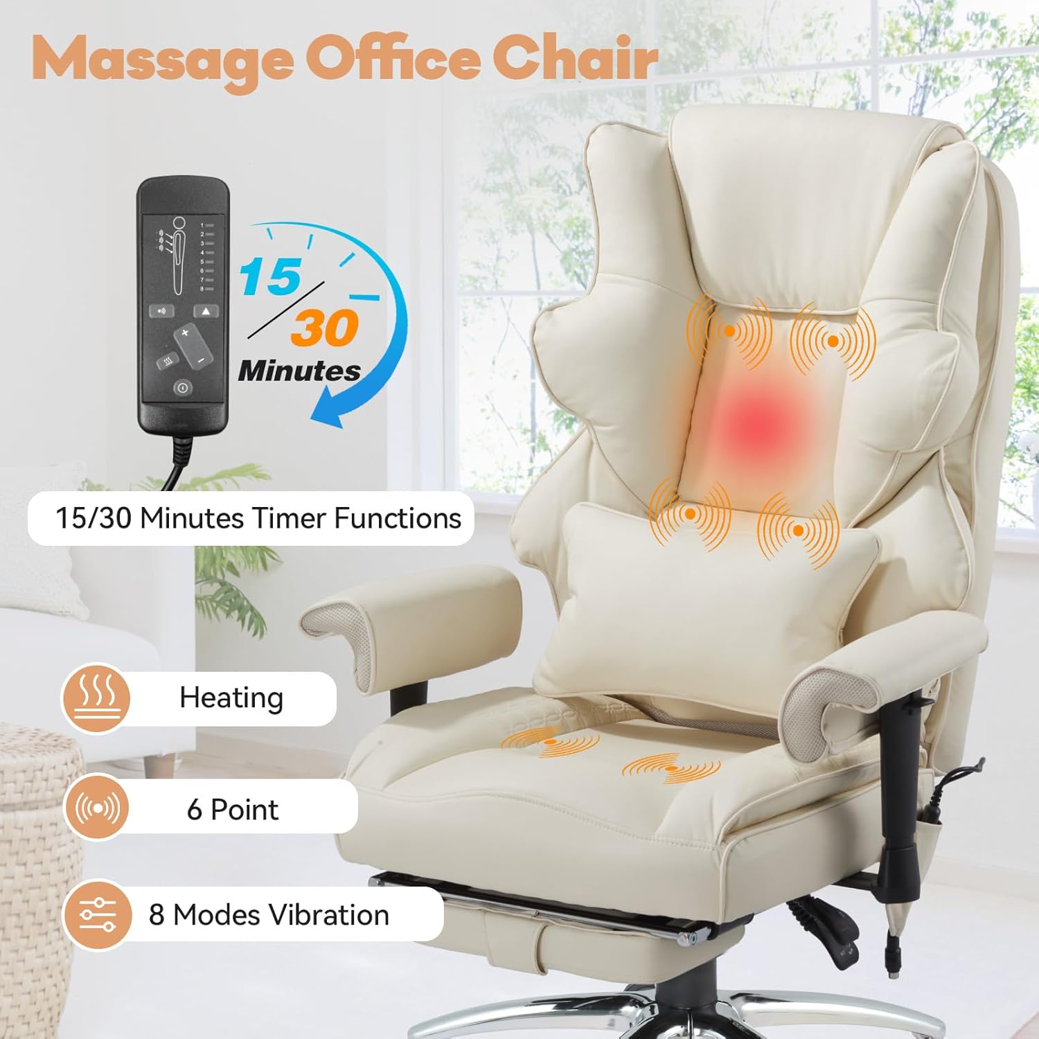 Massage Office Chair with Foot Rest, Ergonomic Executive Heated Office Chair with Reclining Backrest, Adjustable Arms and Lumbar Support, High Back Leather Desk Chairs for Home Office, Beige