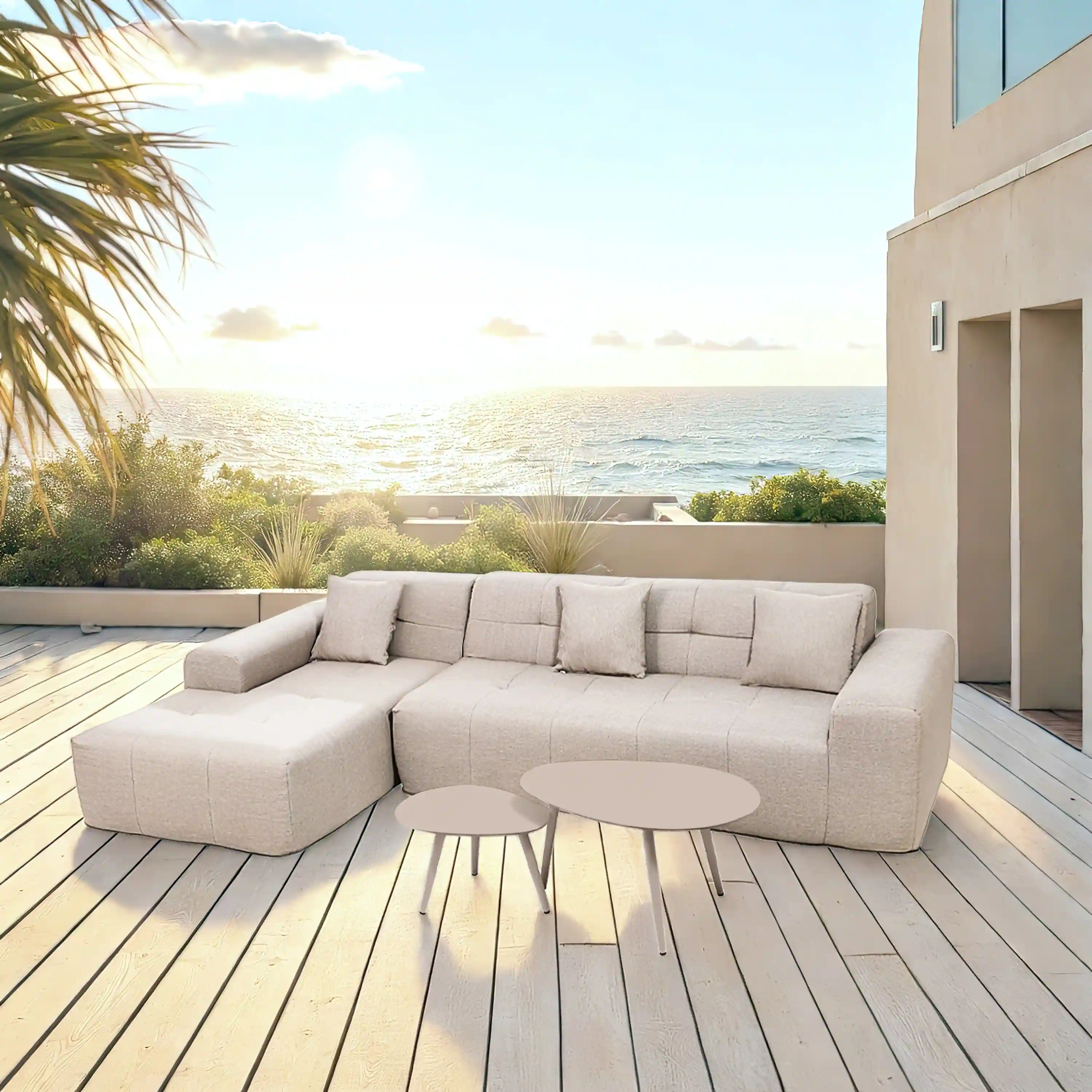 Deko Living 4 Piece Beige Outdoor Compressed Foam Sectional Sofa Lounger and Table Set (COP30218)