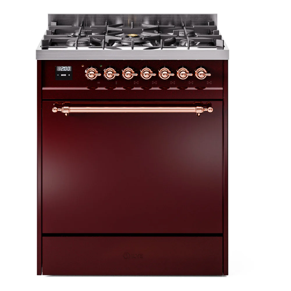 ILVE Nostalgie II 30-Inch Dual Fuel Range with Solid Door in Burgundy with Copper Trim (UP30QNMPBUP)