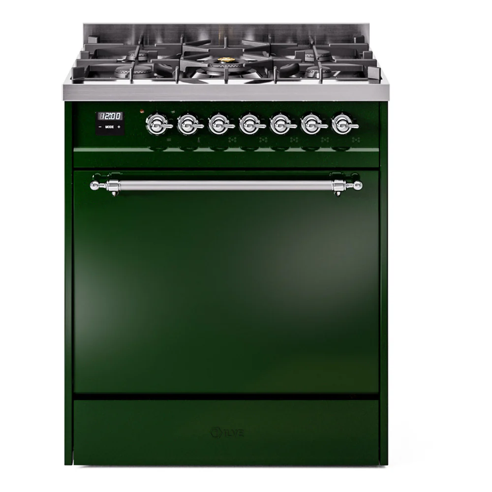 ILVE Nostalgie II 30-Inch Dual Fuel Range with Solid Door in Emerald Green with Chrome Trim (UP30QNMPEGC)