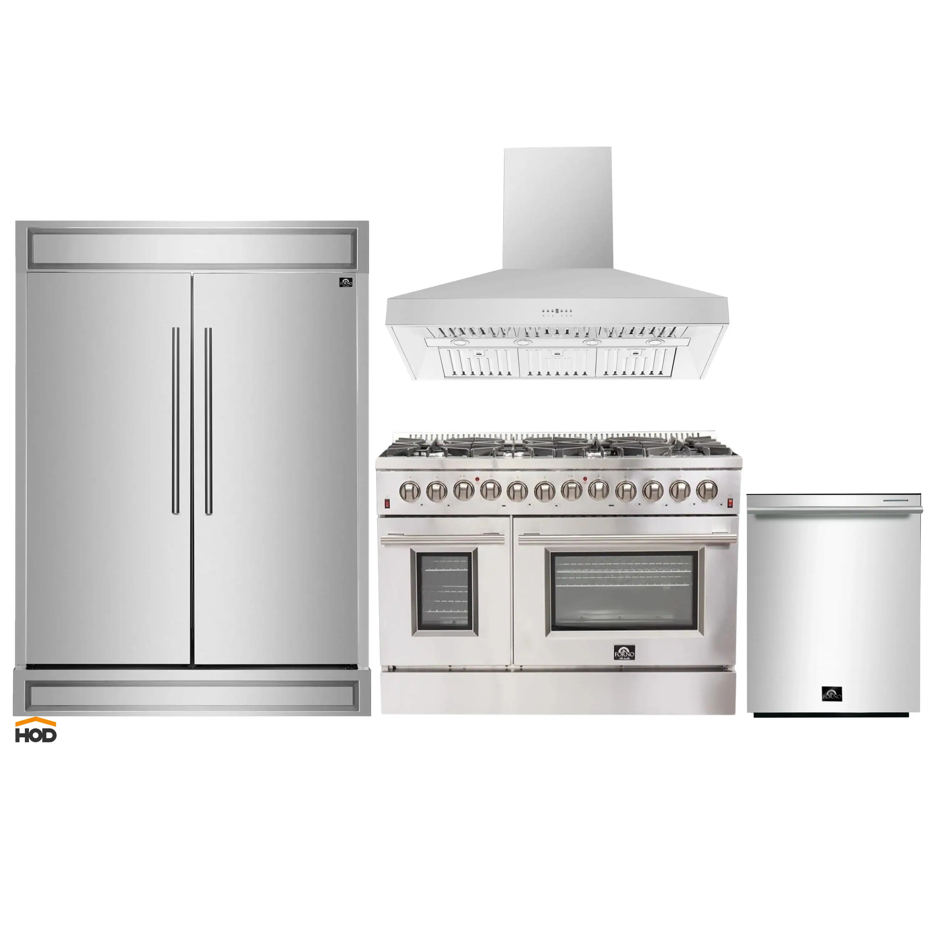 Forno 4-Piece Appliance Package - 48-Inch Dual Fuel Range, Refrigerator, Wall Mount Hood, & 3-Rack Dishwasher in Stainless Steel
