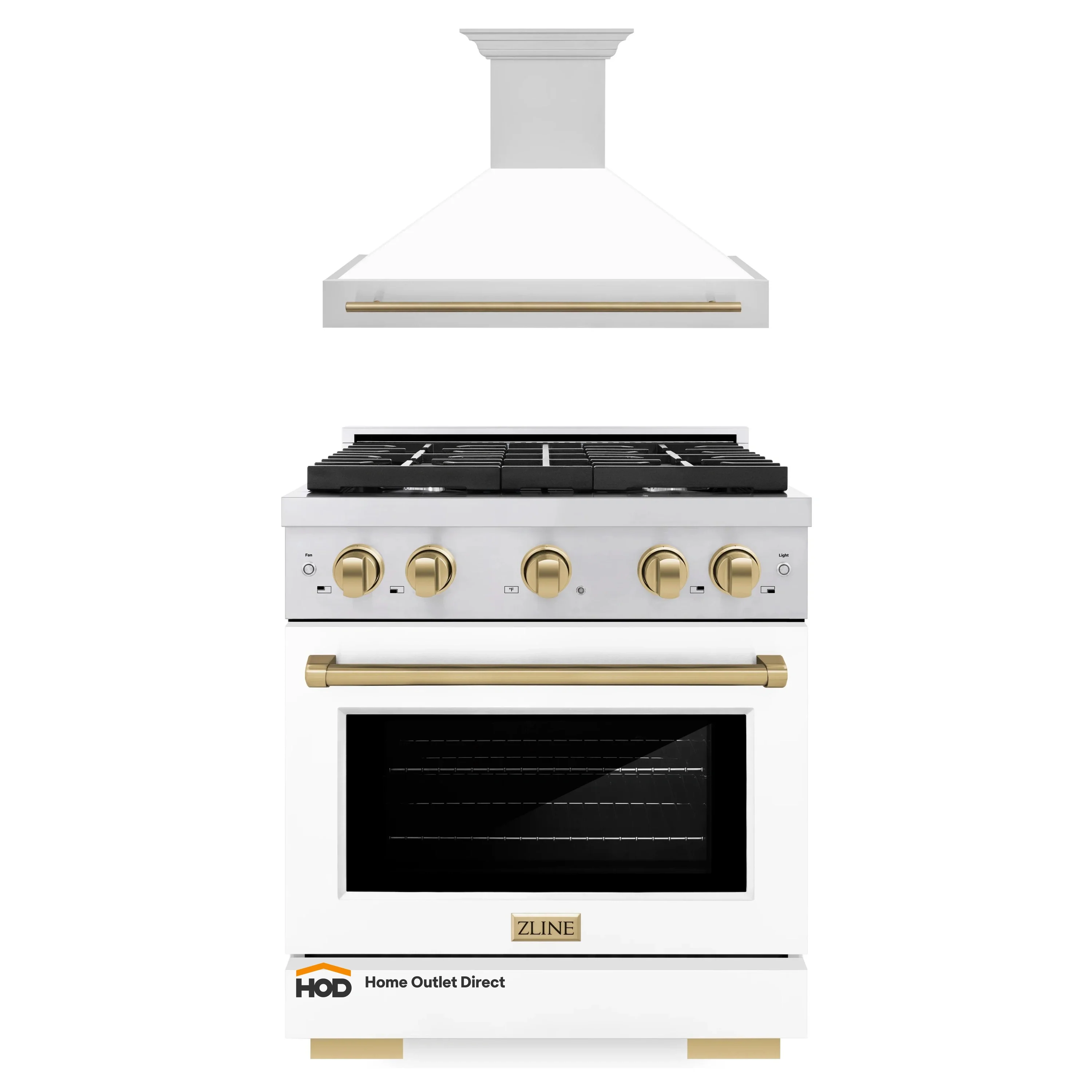 ZLINE Autograph Edition 2-Piece Appliance Package - 30-Inch Gas Range and Wall Mounted Range Hood in Stainless Steel and White Door with Champagne Bronze Trim (2AKP-SGRWMRH30-CB)