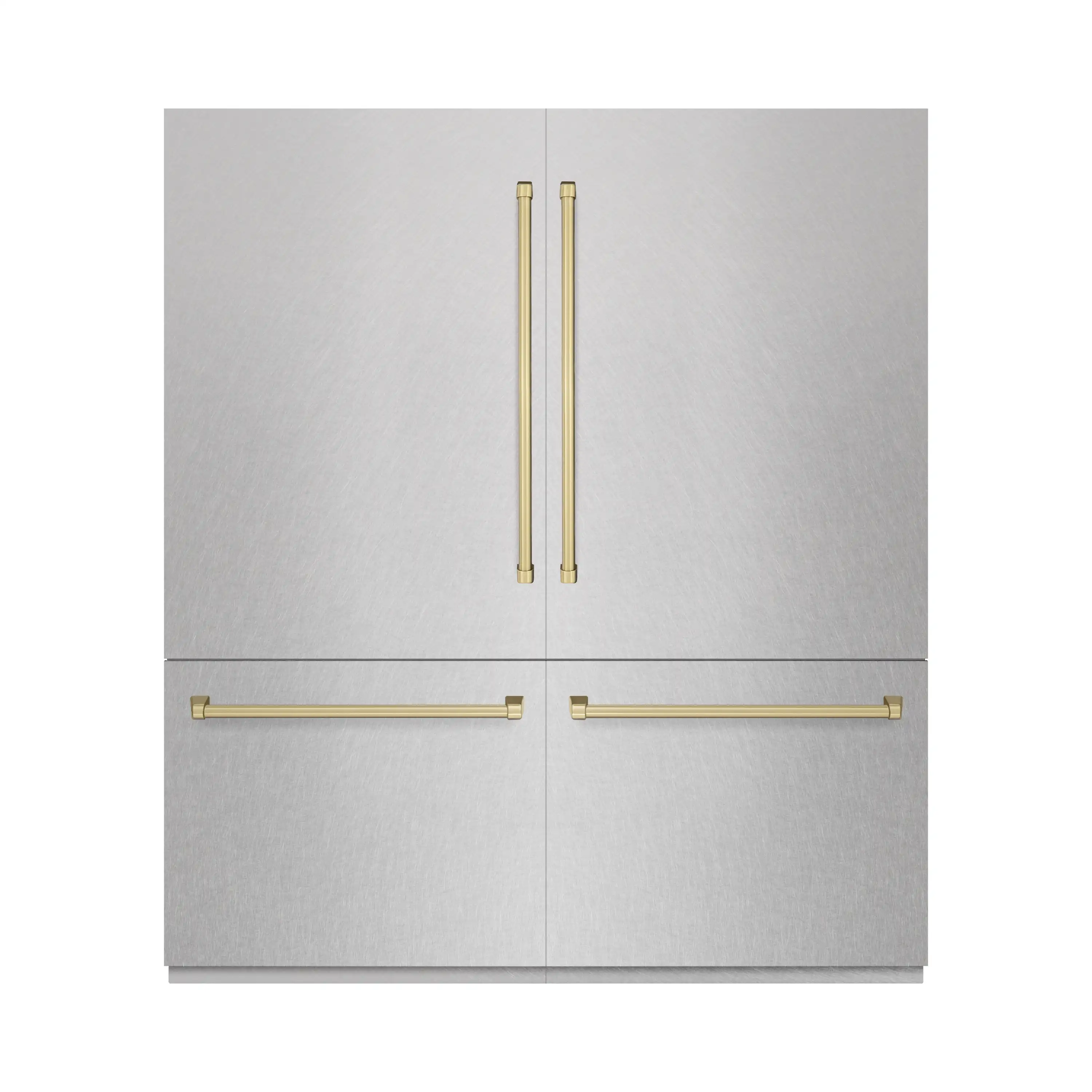 ZLINE Autograph Edition 72-Inch 39.6 Cu. Ft. French Door Built-In Bottom Freezer Refrigerator with Water Dispensers and Ice Makers in Satin Stainless Steel with Graphite Gray Interior and Champagne Bronze Accents (GRBITZ-SN-72-CB)