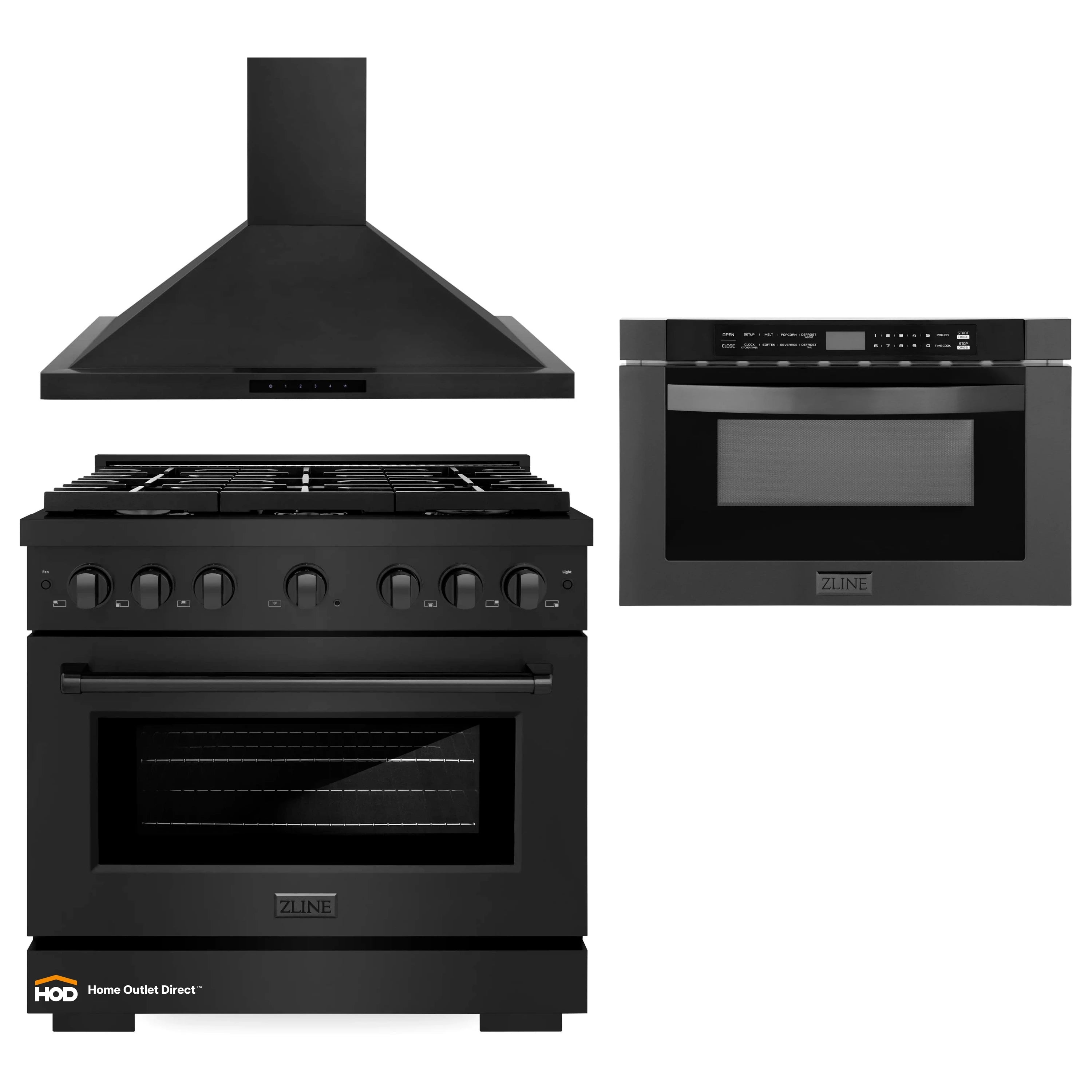 ZLINE 3-Piece Appliance Package - 36-inch Gas Range, Convertible Wall Mount Range Hood & Microwave Drawer in Black Stainless Steel (3KP-SGRBRH36-MW)