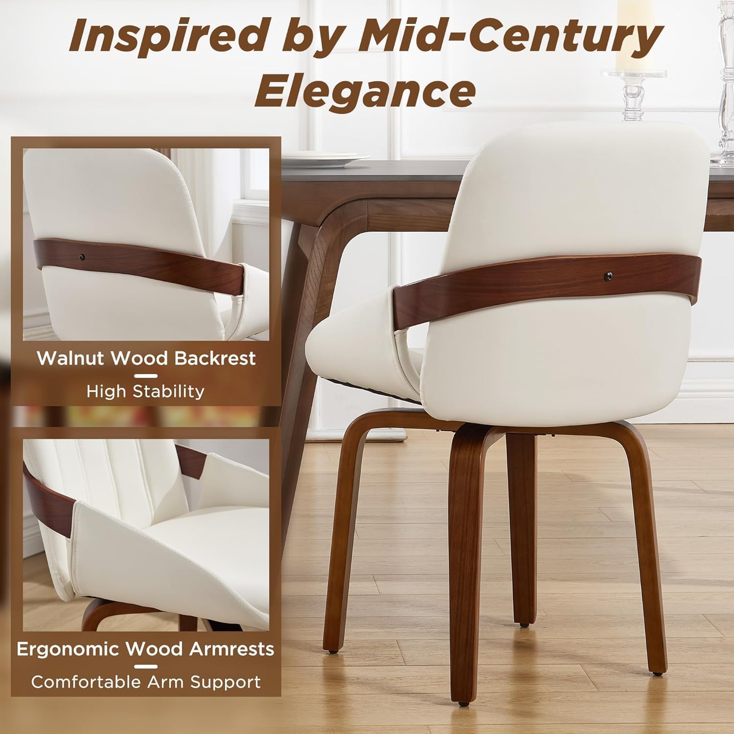 Swivel Dining Chairs,Faux Leather Dining Room Chairs with Arms, Mid Century Modern Upholstered Kitchen Vanity Accent Chair, Walnut Backrest Support & Sturdy Wood Legs (White, Set of 2)