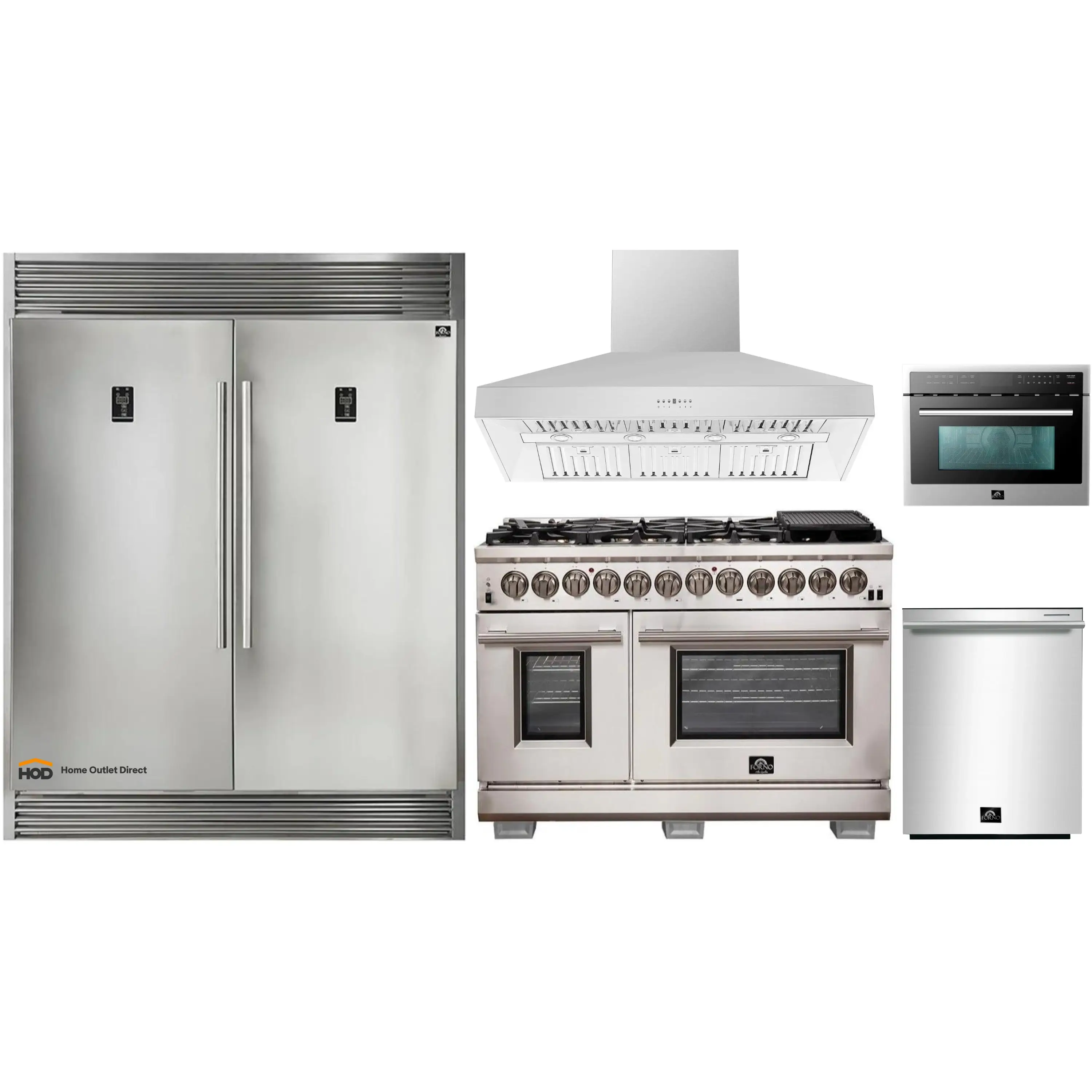 Forno 5-Piece Pro Appliance Package - 48-Inch Dual Fuel Range, 60-Inch Pro-Style Refrigerator, Wall Mount Hood, 24-Inch Microwave Oven, & 3-Rack Dishwasher in Stainless Steel