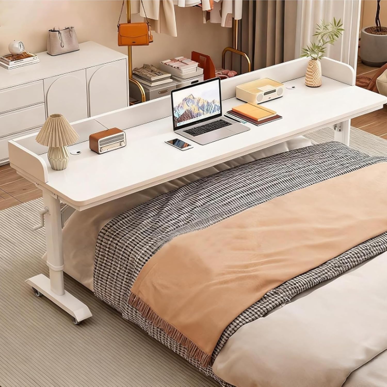 Adjustable Height Mobile Overbed Table with Baffles, Mobile Bed Desk with 360° Wheels, Standing Workstation Laptop Cart, Laptop Desk Over Bed Table for Home(White,120x50cm/47x20)