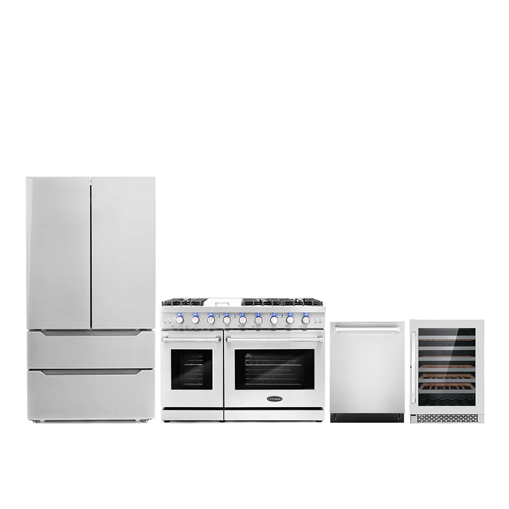 Cosmo 4-Piece Appliance Package - 48-Inch Gas Range, Dishwasher, Refrigerator and Wine Cooler in Stainless Steel (COS-4PKG-121)