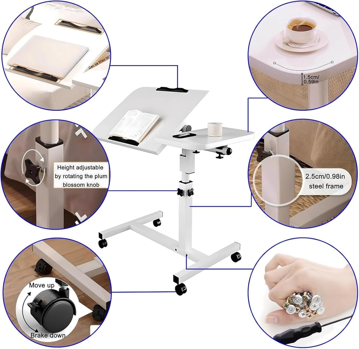 Adjustable Overbed Table Over Hospital Bed Tray with Wheels- overbed Table, overbed Laptop Table, Adjustable Table, Table, Bed Table, for Home Office Use or Medical