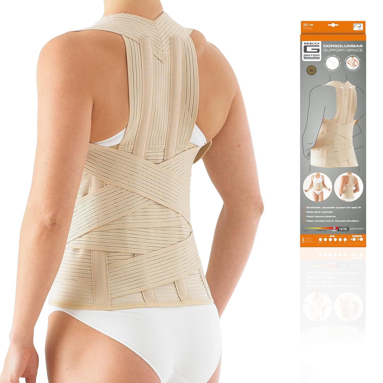 Neo-G Dorsolumbar Support Brace - Back Support For Early Kyphosis, Rounded Shoulders, Posture Correction, Muscular Aches, Lumbar Support - Fully Adjustable - Class 1 Medical Device - Medium - Tan