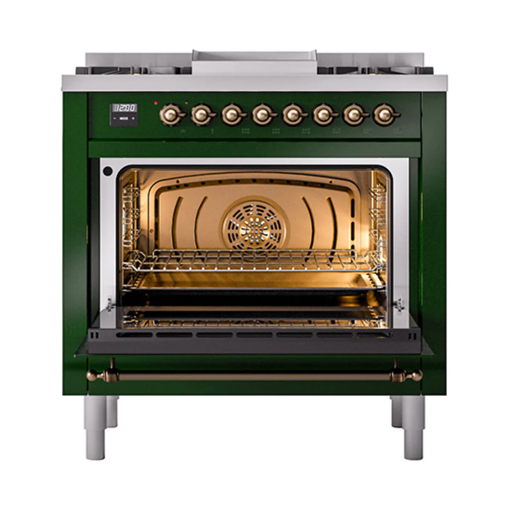 ILVE Nostalgie II Noblesse 36-Inch Dual Fuel Range and Solid Door Oven in Emerald Green with Bronze Trim (UN36FQNMPEGB)