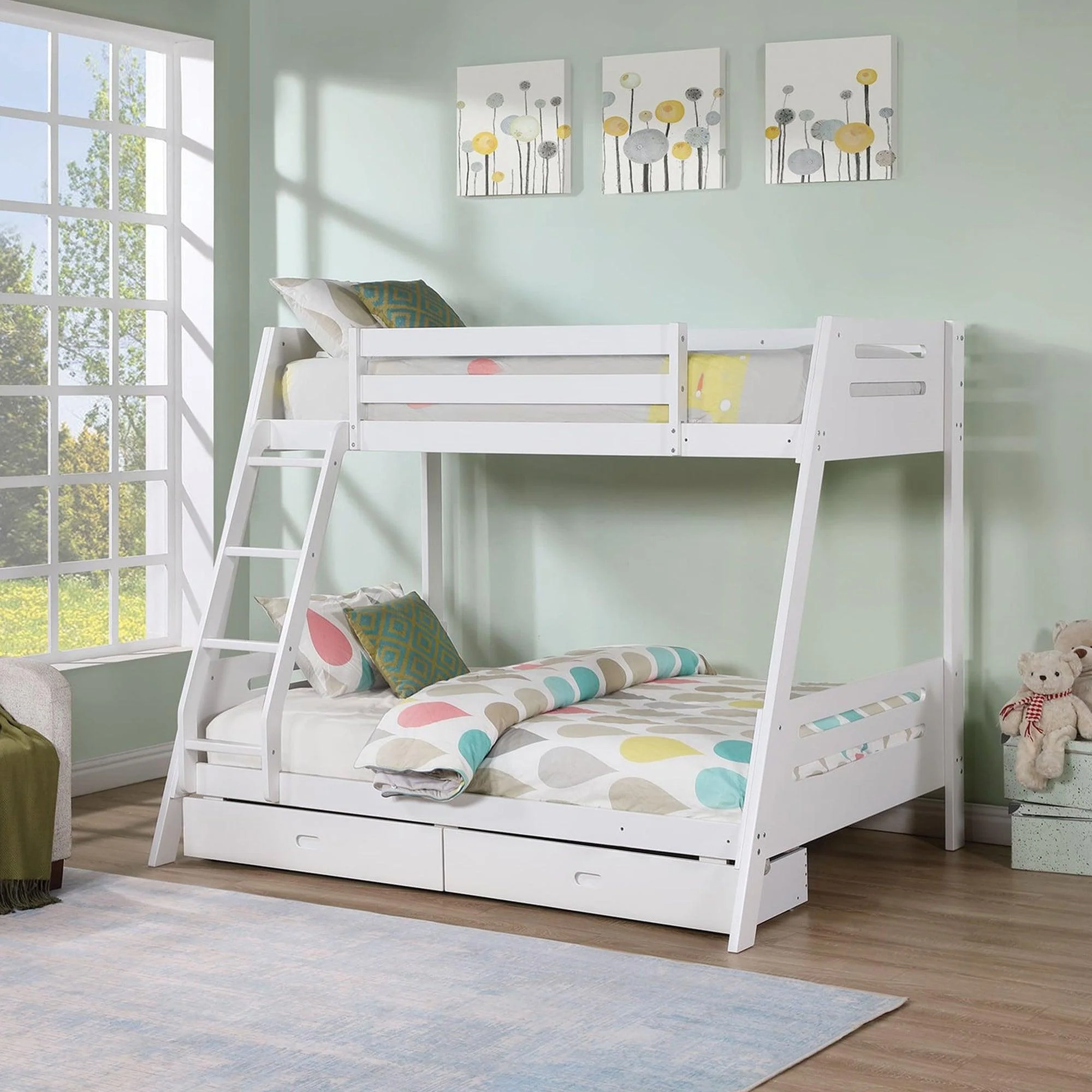 Parrot Uncle Solid Wood Twin / Full Bunk Bed with Reversible Angled Ladder and Underbed Drawers