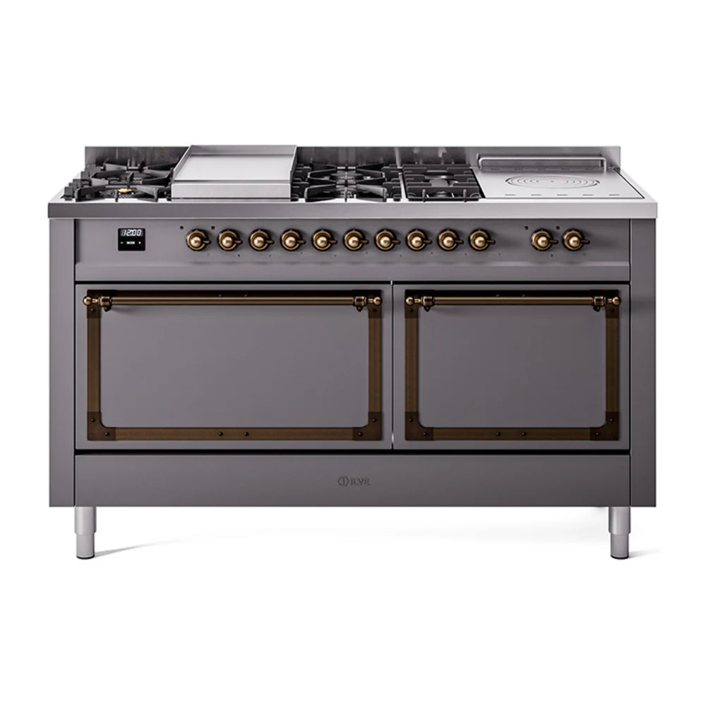 ILVE 60-Inch Nostalgie II Noblesse Dual Fuel Range with 7 Sealed Burners, Gridlde, French Top, and Solid Door Oven in Matte Graphite with Bronze Trim (UN60FSQNMPMGB)