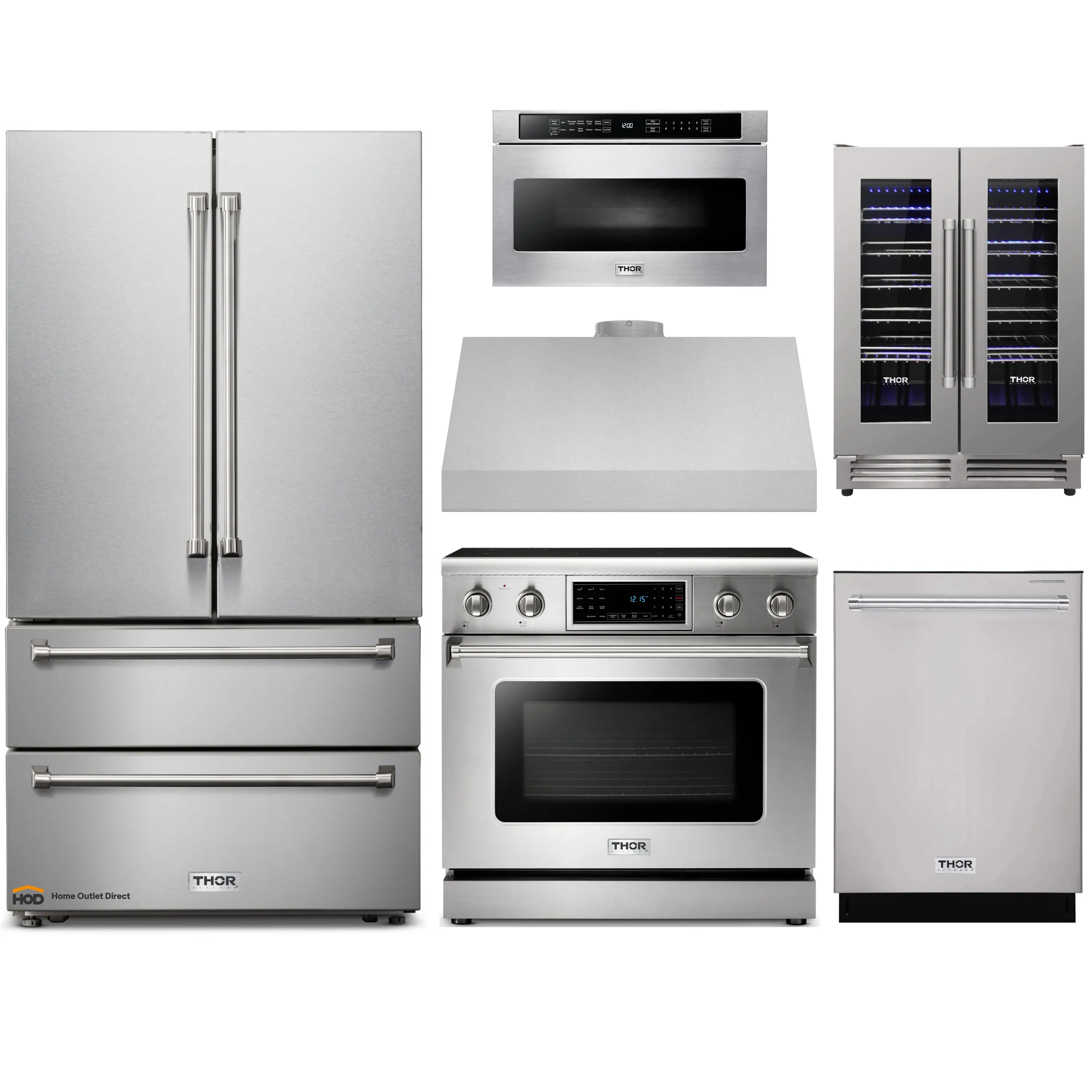 Thor Kitchen 6-Piece Appliance Package - 36-Inch Electric Range with Tilt Panel, French Door Refrigerator, Under Cabinet Hood, Dishwasher, Microwave Drawer, & Wine Cooler in Stainless Steel