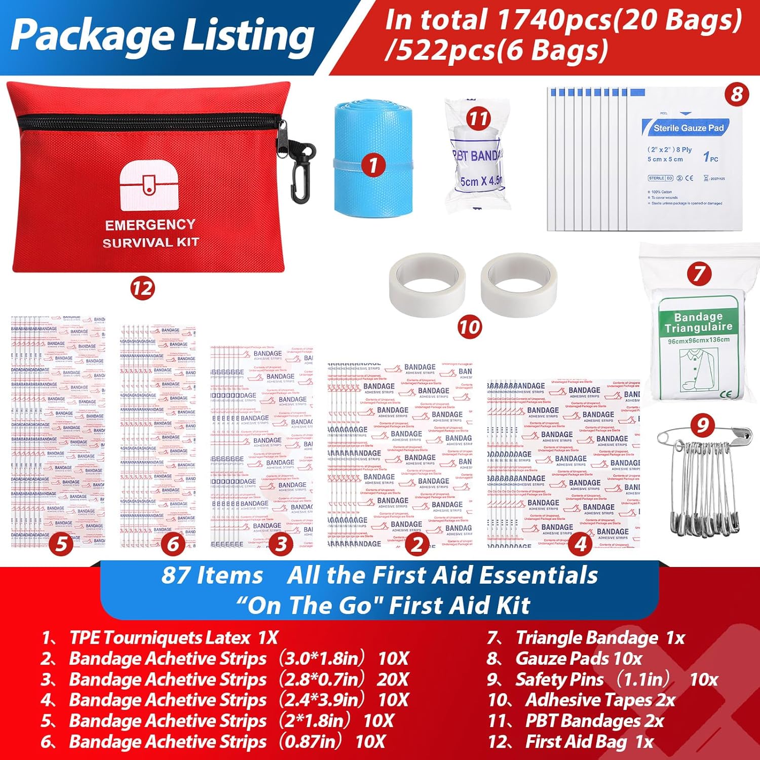 Geiserailie 1740 Pcs Small First Aid Kits Bulk Mini Travel Size Emergency Individual Zipper Pouch Self Care Package Supplies for Homeless Travel Hiking Sports Outdoor College Dorm Essentials, 20 Bags