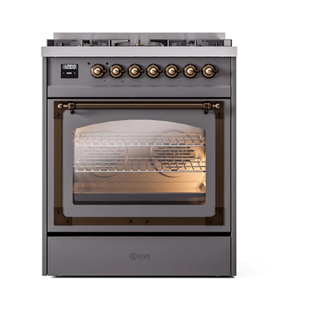 ILVE Nostalgie II Noblesse 30-Inch Dual Fuel Range with Triple Glass Door in Matte Graphite with Bronze Trim (UN30NMPMGB)