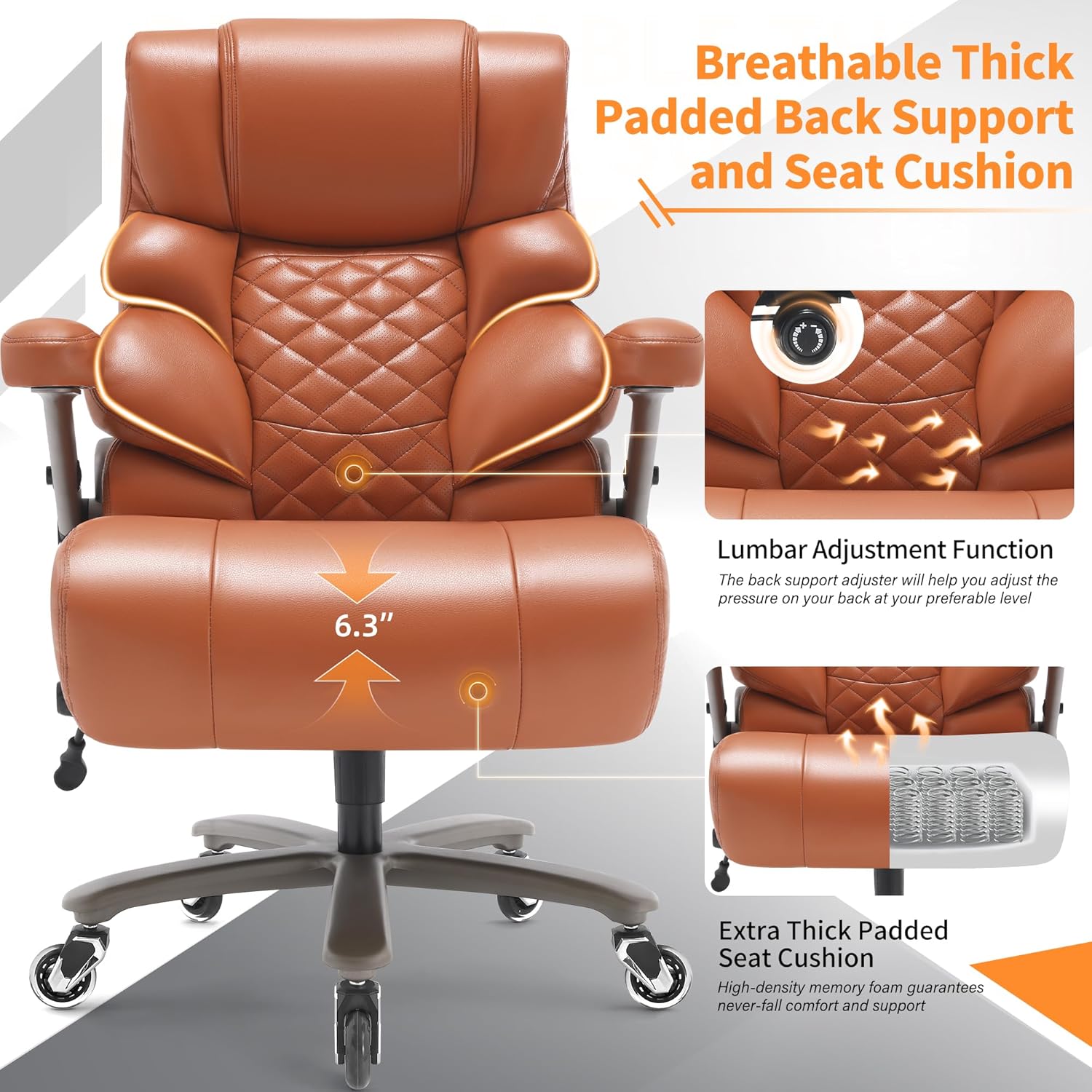 VUZI 700lbs Big and Tall Office Chair-Large Computer Chair with Adjustable Lumbar Support 3D Flip Arms Plus Size Wheels, High Back Executive Desk Chair, Heavy Duty Metal Base, Thick Padded Wide Seat