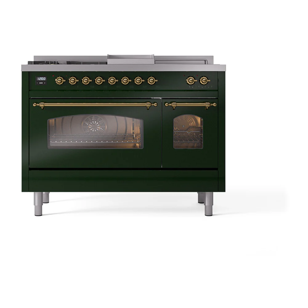 ILVE Nostalgie II 48-Inch Dual Fuel Range with 5 Burners, Griddle, & French Top with Triple Glass Door Oven in Emerald Green with Brass Trim (UP48FSNMPEGG)