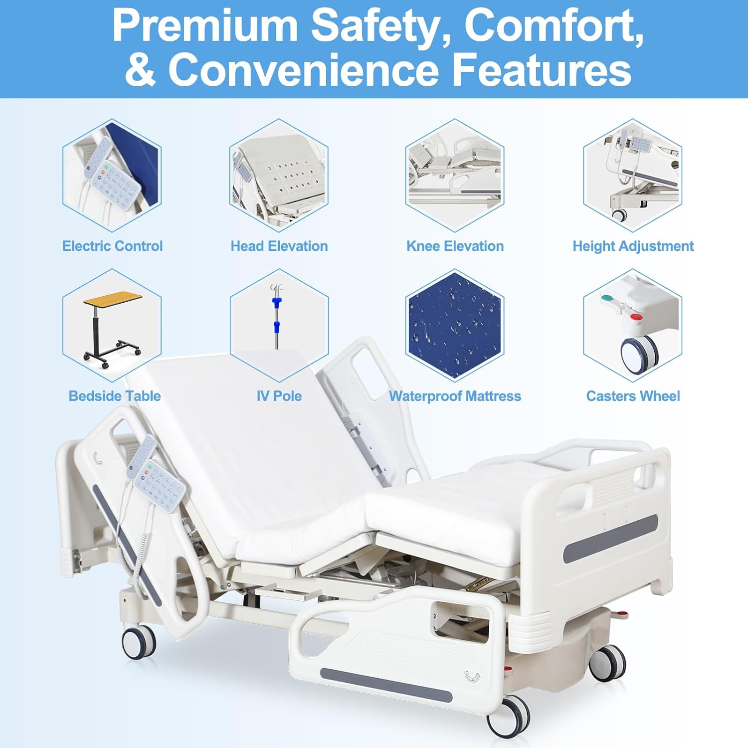 Premium Hospital Bed - 5 Function Full Electric ICU Medical Beds with 4.7