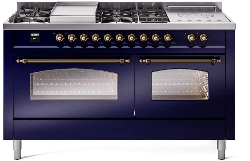 ILVE Nostalgie II 60-Inch Dual Fuel Range with 7 Burners, Griddle, & French Top with Triple Glass Door Oven in Midnight Blue with Bronze Trim (UP60FSNMPMBB)