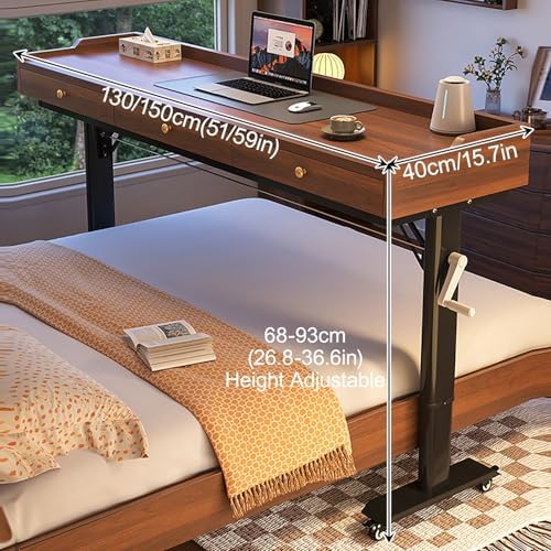 Adjustable Over Bed Table with Drawer & Wheels, Mobile Laptop Desk Cart for Home & Hospital Use, 59