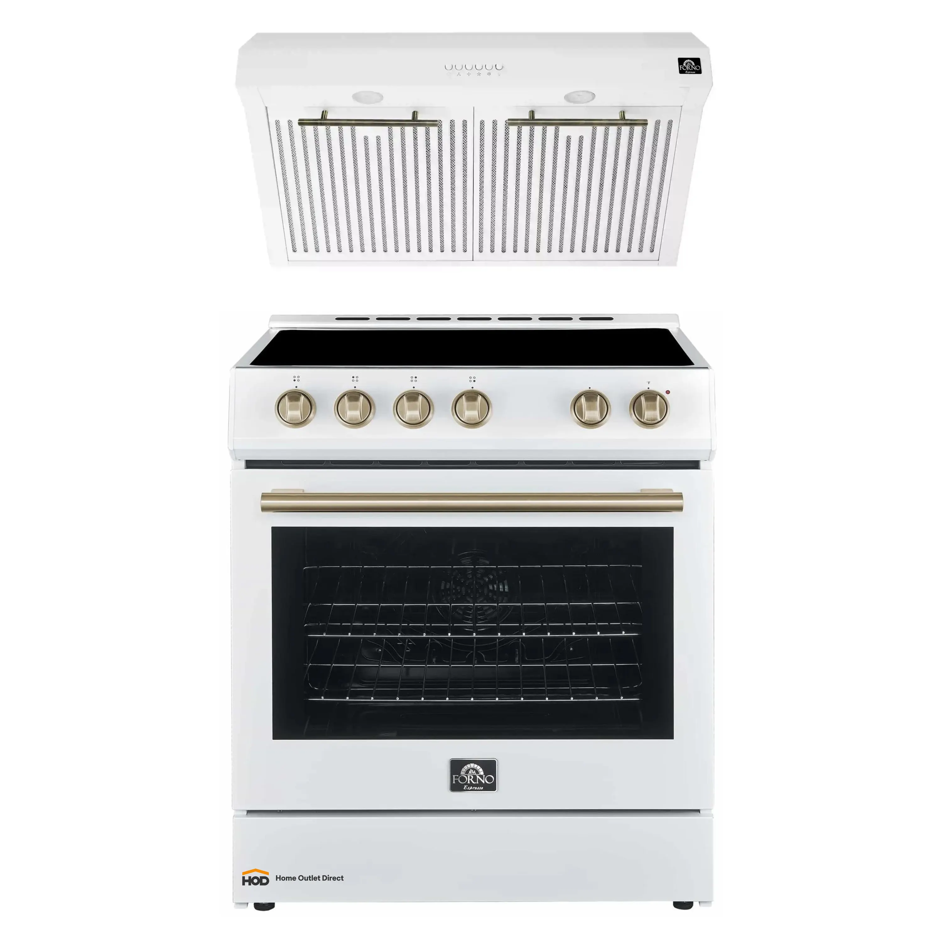 Forno Espresso 2-Piece Appliance Package - 30-Inch Electric Range with 5.0 Cu.Ft. Electric Oven and Under Cabinet Range Hood in White with Antique Brass Trim (FBDL-002-03US)