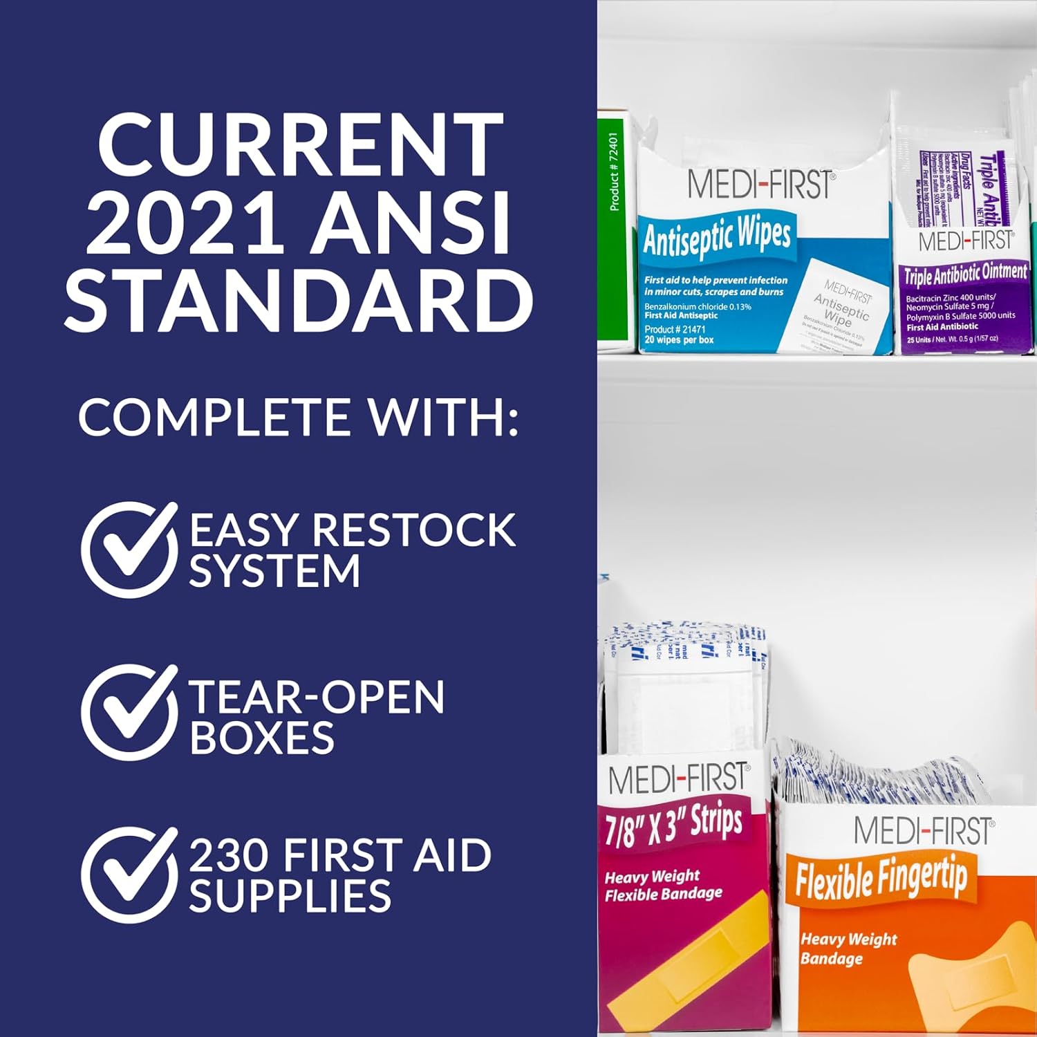 MFASCO 2 Shelf First Aid Cabinet - ANSI/OSHA Class B Type I & II - Medi First Brand Bandages - Carry or Wall Mount - Easy Restock & Refill - - White Enamel Finish - 226 Pcs - 16