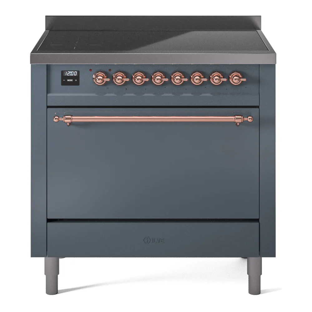 ILVE 36-Inch Nostalgie II Induction Range with Solid Door Oven in Blue Grey with Copper Trim (UPI366QNMPBGP)