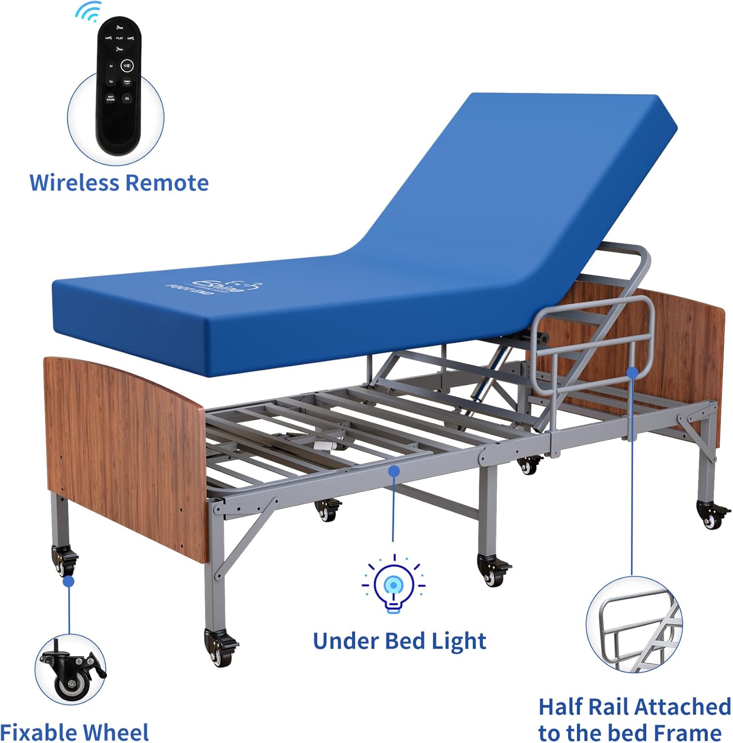 ESHINE Adjustable Bed Frame with Hospital Waterproof Mattress - Wireless Remote, Underbed Light, Headboard, 2.5