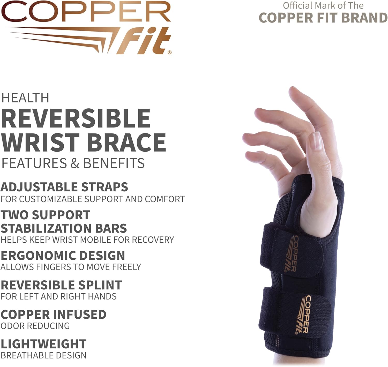 Copper Fit Health Unisex Reversible Wrist Brace with Stabilizer, Adjustable