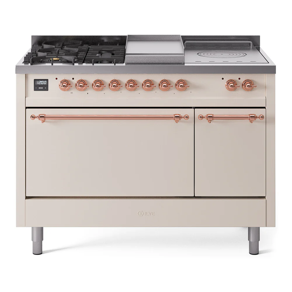 ILVE Nostalgie II 48-Inch Dual Fuel Range with 5 Burners, Griddle, & French Top, with Solid Door Oven in Antique White with Copper Trim (UP48FSQNMPAWP)