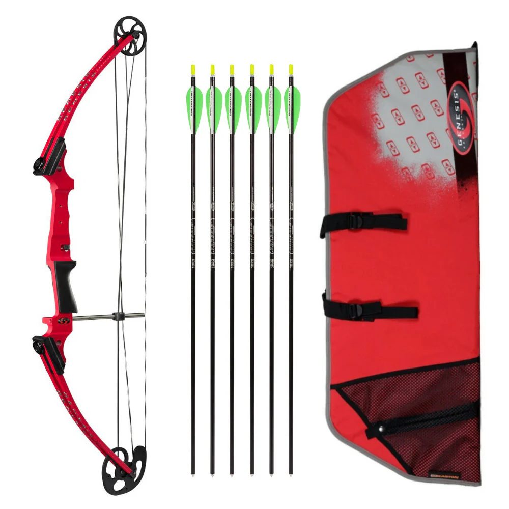 Genesis Archery Original Compound Bow (Right Hand, Red) with Arrows and Case