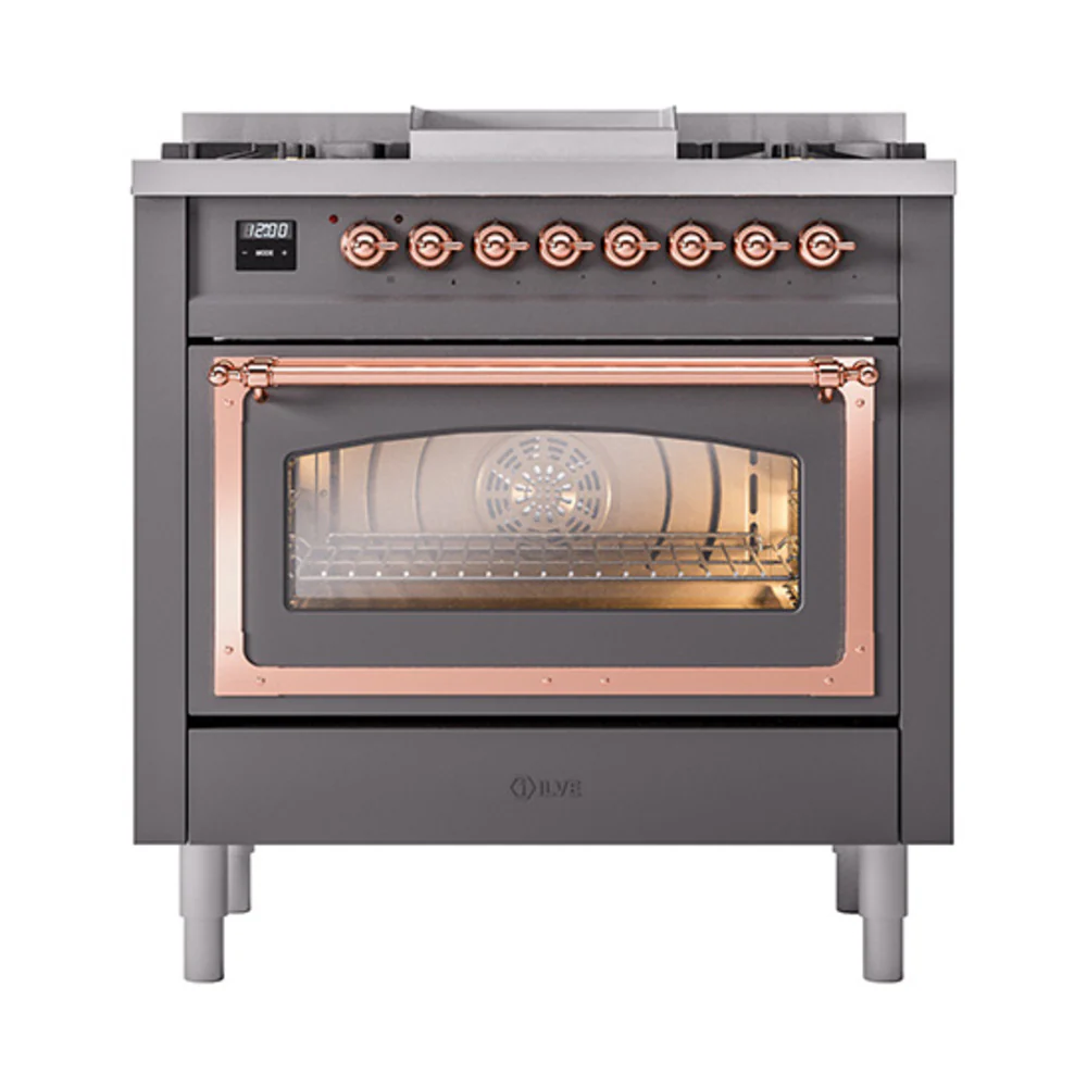 ILVE Nostalgie II Noblesse 36-Inch Dual Fuel Range and Triple Glass Door in Matte Graphite with Copper Trim (UN36FNMPMGP)