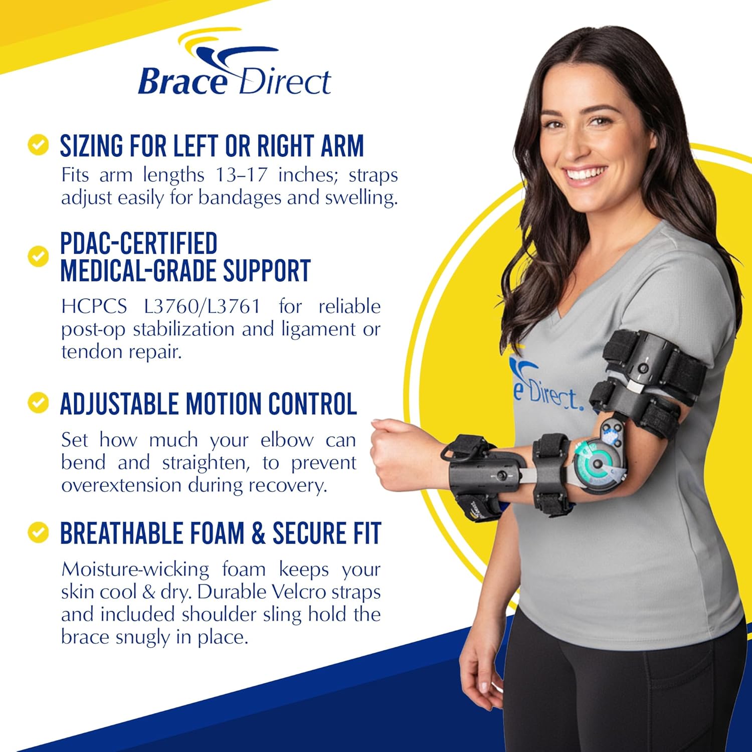 ROM Hinged Elbow Brace - Adjustable Range of Motion for Post-Op Recovery, Tendon & Ligament Repair, Fracture Support - PDAC L3760/L3761 (Left Arm)