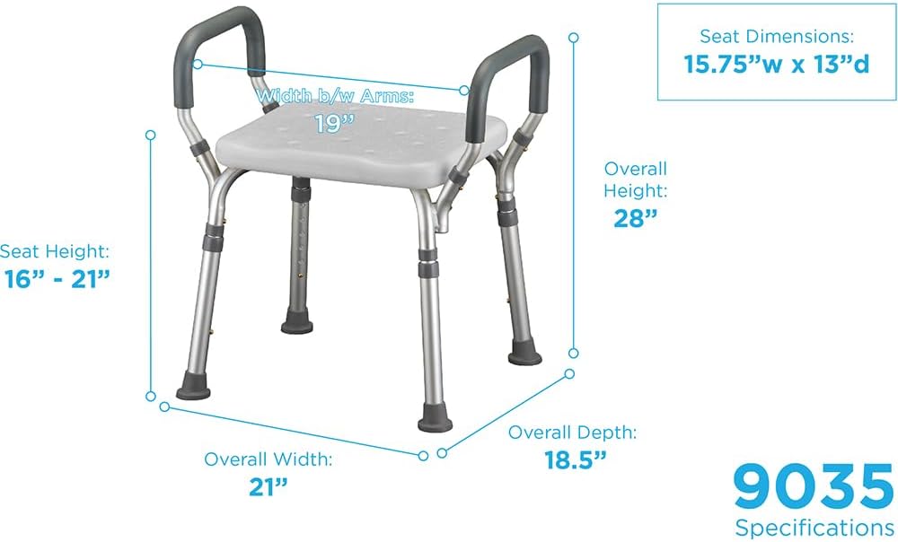 NOVA Adjustable Shower Bench with Padded Arms – Lightweight, Skid-Resistant Tips, White Plastic Seat with Drainage Holes, Tub & Shower Balance Support, 300 lb Capacity