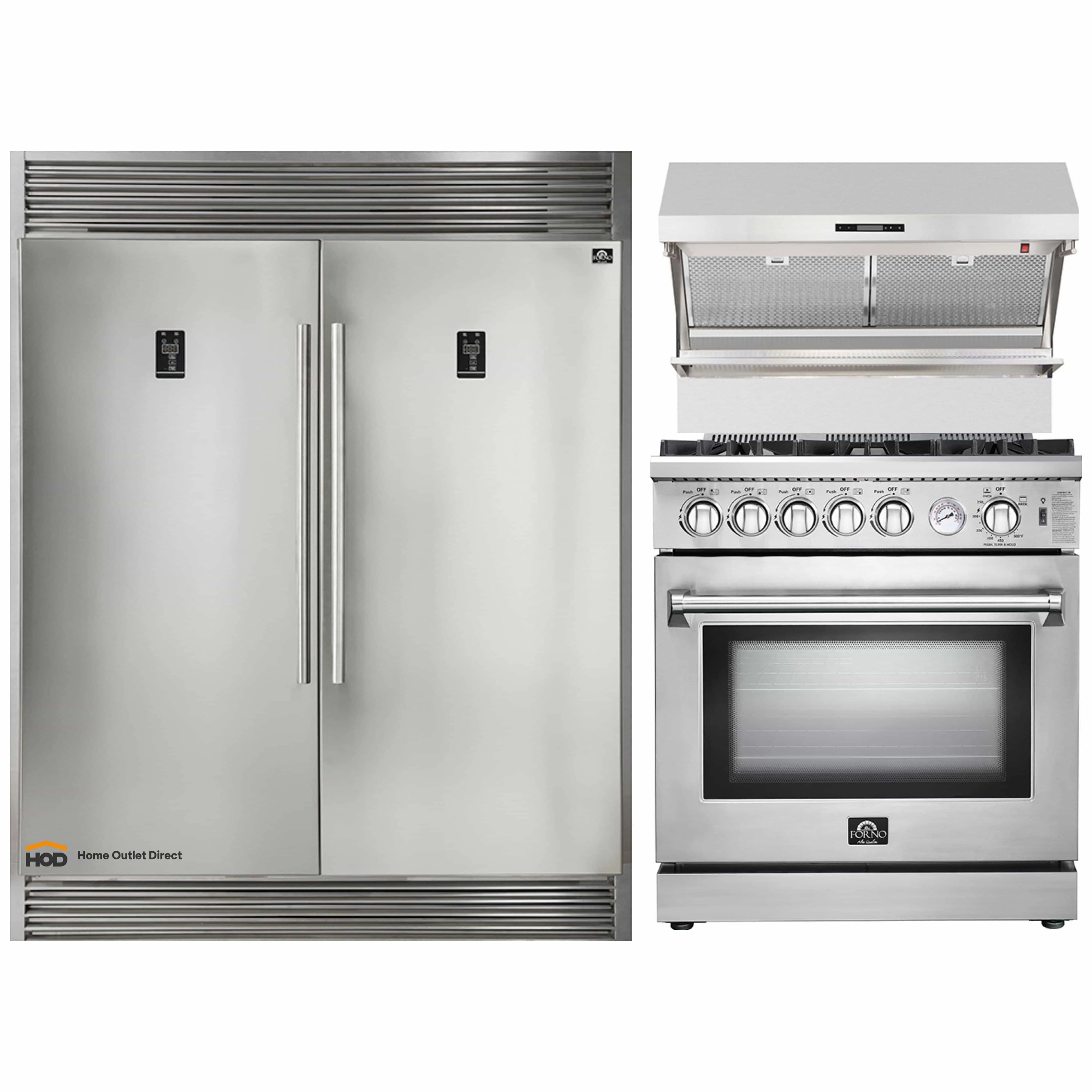 Forno 3-Piece Appliance Package - 30-Inch Gas Range, 60-Inch Pro-Style Refrigerator & Wall Mount Hood with Backsplash in Stainless Steel