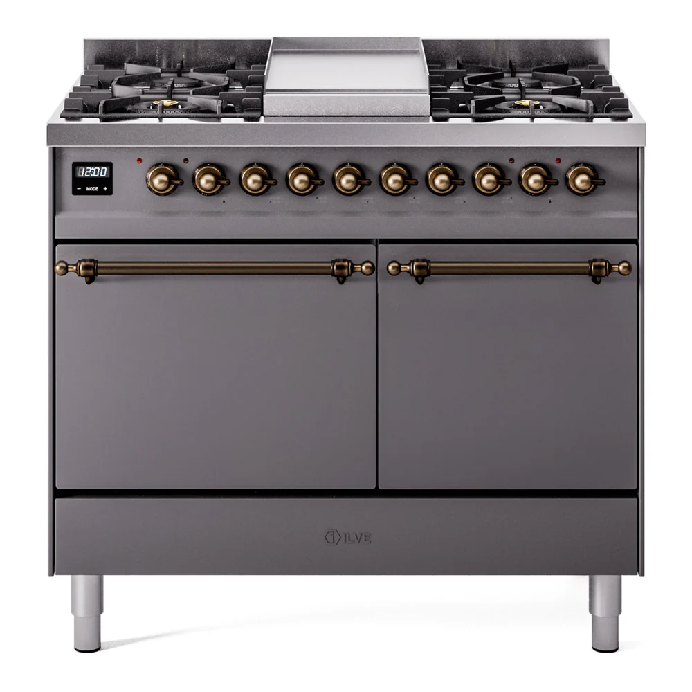 ILVE 40-Inch Nostalgie II Dual Fuel Range with 6 Burners, Griddle and Solid Door Oven in Matte Graphite with Bronze Trim (UPD40FQNMPMGB)