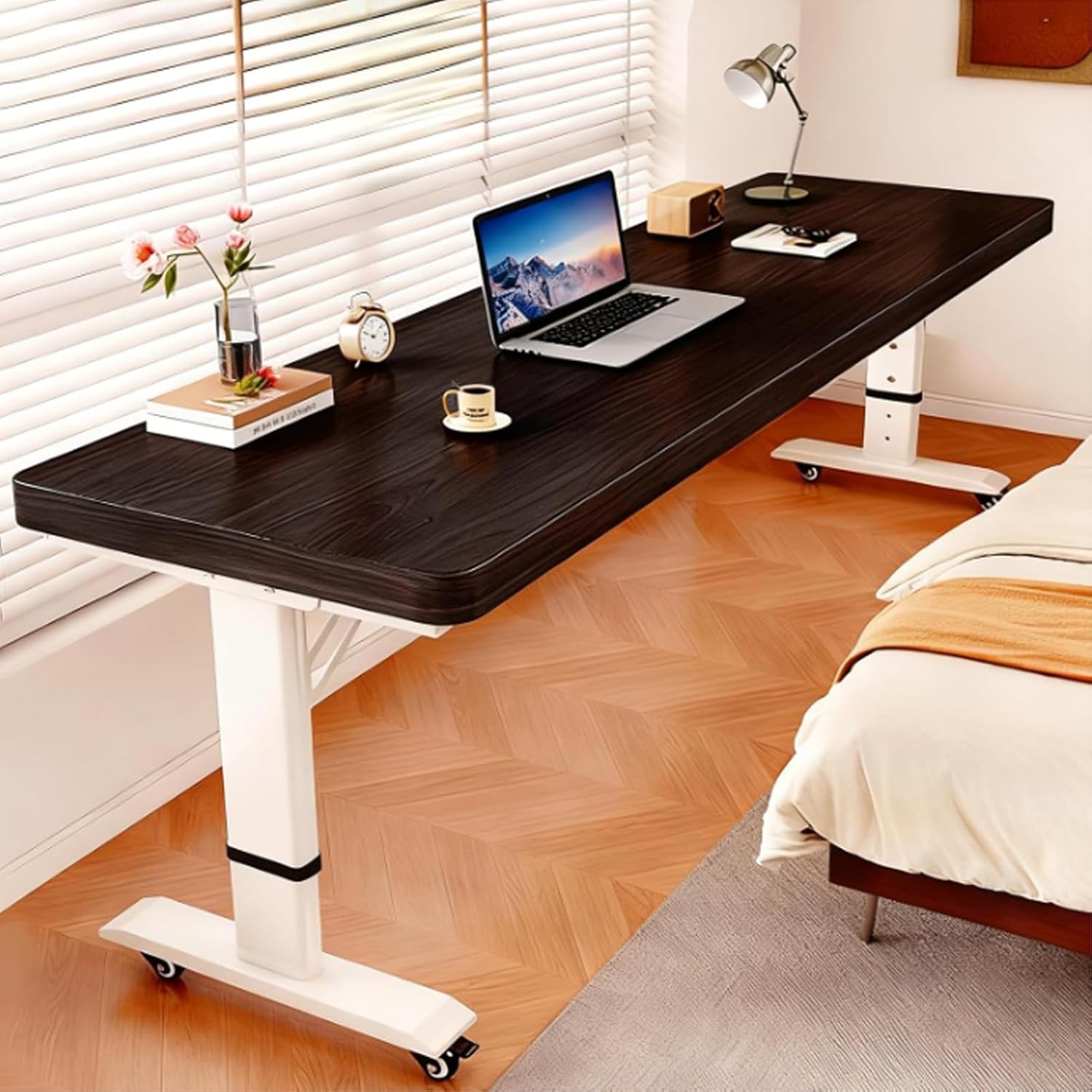 Height Adjustable Overbed Table, Over The Bed Table with Wheels, Standing Workstation with Baffle, Wood Standing Office Desk Computer Tables for Work, Study(Black B+White,L94.4xW15.7in)
