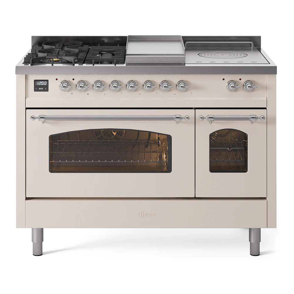 ILVE Nostalgie II 48-Inch Dual Fuel Range with 5 Burners, Griddle, & French Top with Triple Glass Door Oven in Antique White with Chrome Trim (UP48FSNMPAWC)