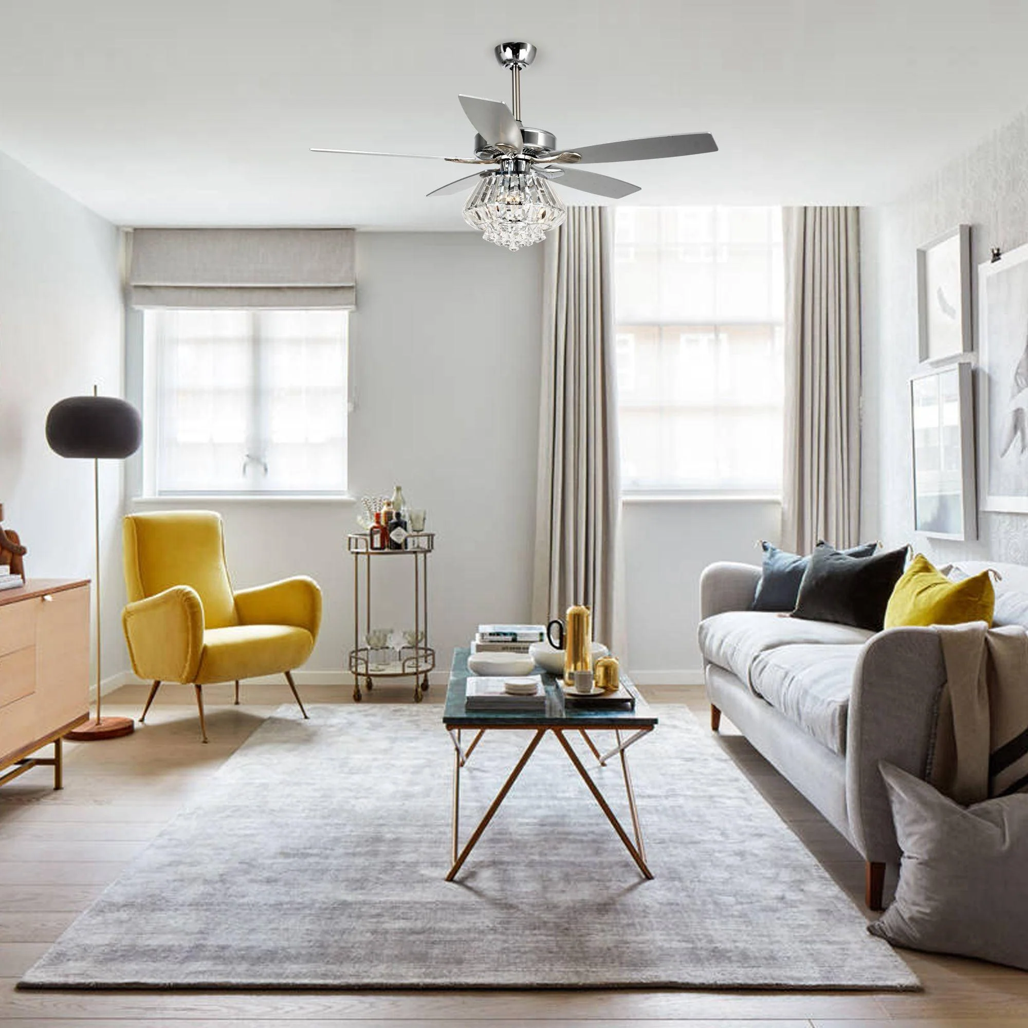 Parrot Uncle 52-Inch Kerala Modern Downrod Mount Reversible Crystal Ceiling Fan with Lighting and Remote Control