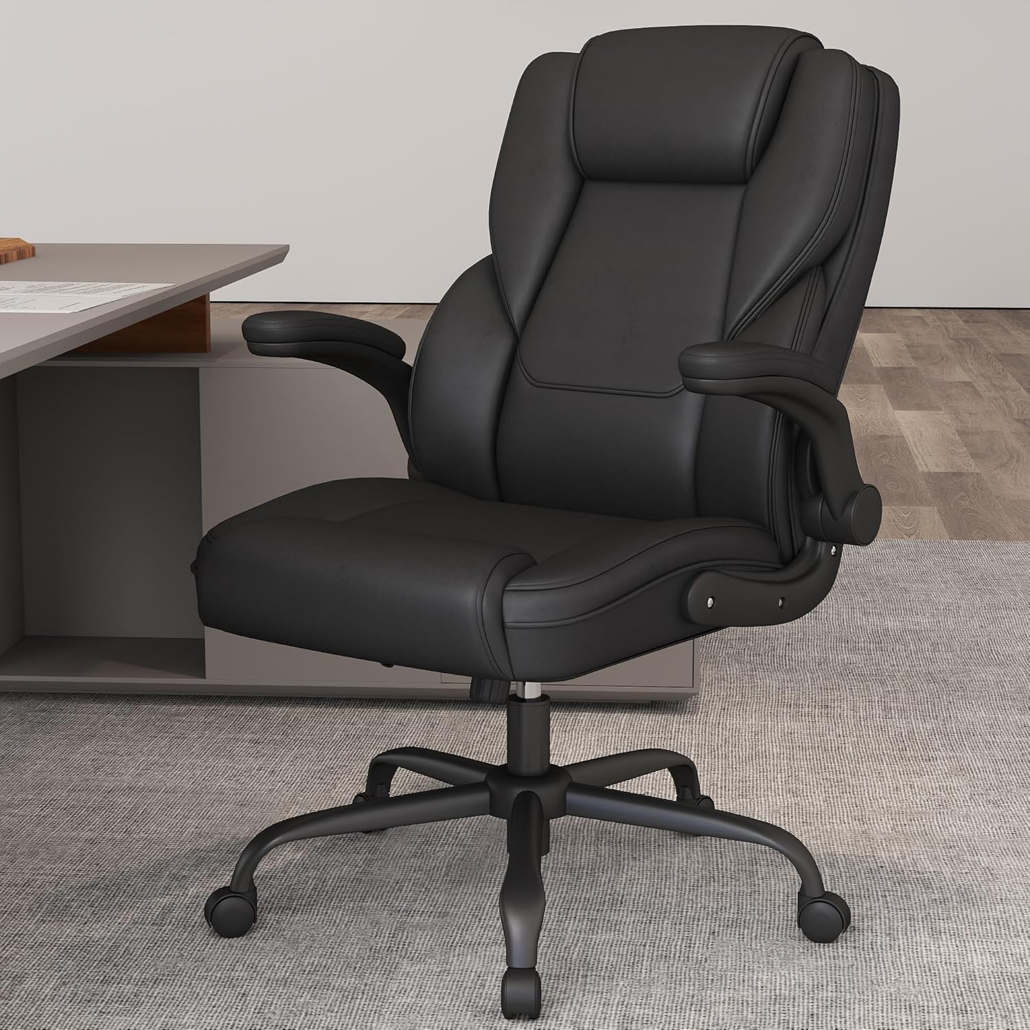 ZZH Ergonomic Executive Office Chair, Mid Back PU Leather Computer Desk Chair with Flip-Up Armrests, Lumbar Support, Adjustable Height and Rocking Function, 1PC, Black