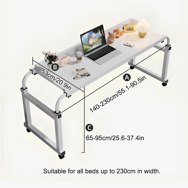 ISOFORMA Overbed Table with Wheels, Height Adjustable Over Bed Desk, Rolling Bedside Table, Mobile Laptop Desk, for Hospital Bedroom Living Room(Oak Color,for Bed Within 230cm)