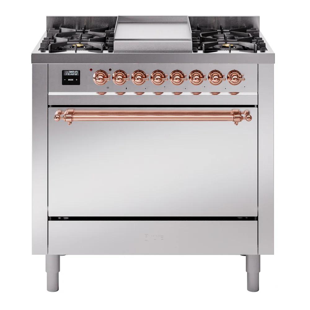 ILVE 36-Inch Nostalgie II Dual Fuel Range with 6 Burners and Solid Door Oven in Stainless Steel with Copper Trim (UP36FQNMPSSP)