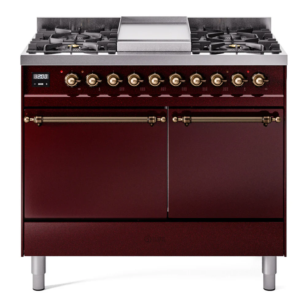 ILVE 40-Inch Nostalgie II Dual Fuel Range with 6 Burners, Griddle and Solid Door Oven in Burgundy with Bronze Trim (UPD40FQNMPBUB)
